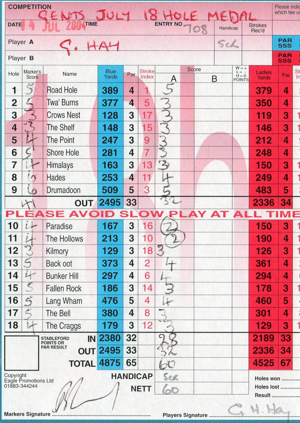 18+ Pitman Golf Course Scorecard